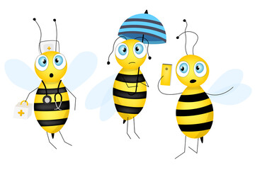 Set of cartoon cute bee mascot. A small bees flies. Wasp collection. Vector character. Insect icon. Template design for invitation, cards, wallpaper, kindergarten. Doodle style.