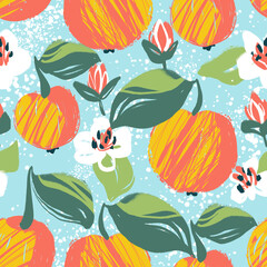 Bright seamless pattern with apples. Cute summer fruits background. Illustration for paper and textile design.