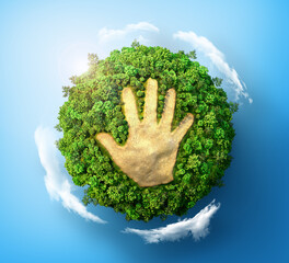 Eco concept. Desert print in form of human hand on the green planet. 3d illustration