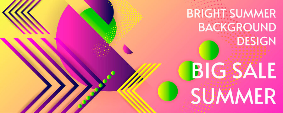 Summer Big Sale vector banner design concept with geometric lines and dots. Bright neon colors background for text. Vector stock illustration eps 10