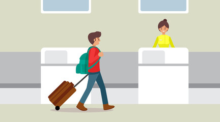 Fototapeta premium Traveling young man walking at the airport terminal with suitcase, Vector illustration