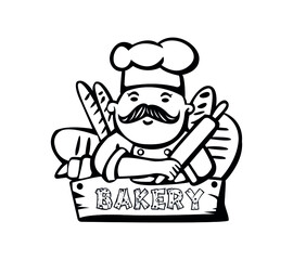 Bakery logo. Hand drawn vector illustration of chef-cooker with a mustache and bread. chef logo.