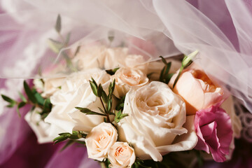 Bridal bouquet on the wedding day. Copy space for text. Floral decorations and backgrounds for holiday cards and invitations.