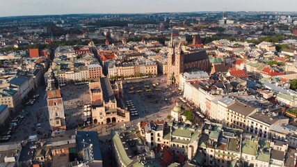 Aerial view of Krakow, the main square in the city center with St. Mary's Church.