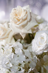 Wedding flower arrangement and decoration. Empty copyspace and space for text. Holiday accessories and backgrounds