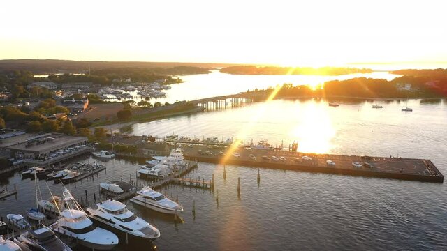 Aerial Flyover Of Beautiful Sag Harbor In The Hamptons At Sunset