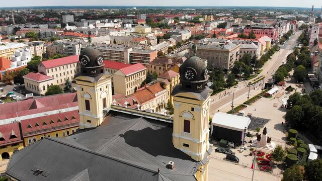 Popular square of one of the European City. Debrecen in Hungary as the tram goes through  the famous city. Debrecen is also a popular tourist destination, with own international airport.