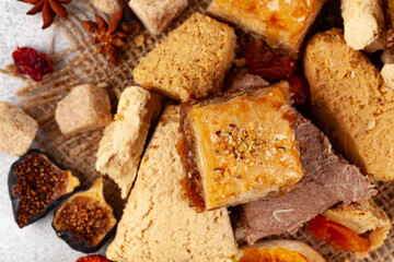 Assortment of turkish desserts baklava and halva