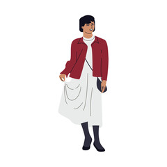 Color girl in red jacket. Fashionable and smiling