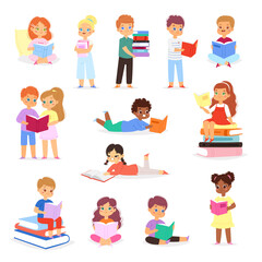 Cartoon set of reading children. Collection of multinational boys and girls loving to read books, enjoying literature and study. Bundle of cute little smart kids isolated on white. Vector illustration