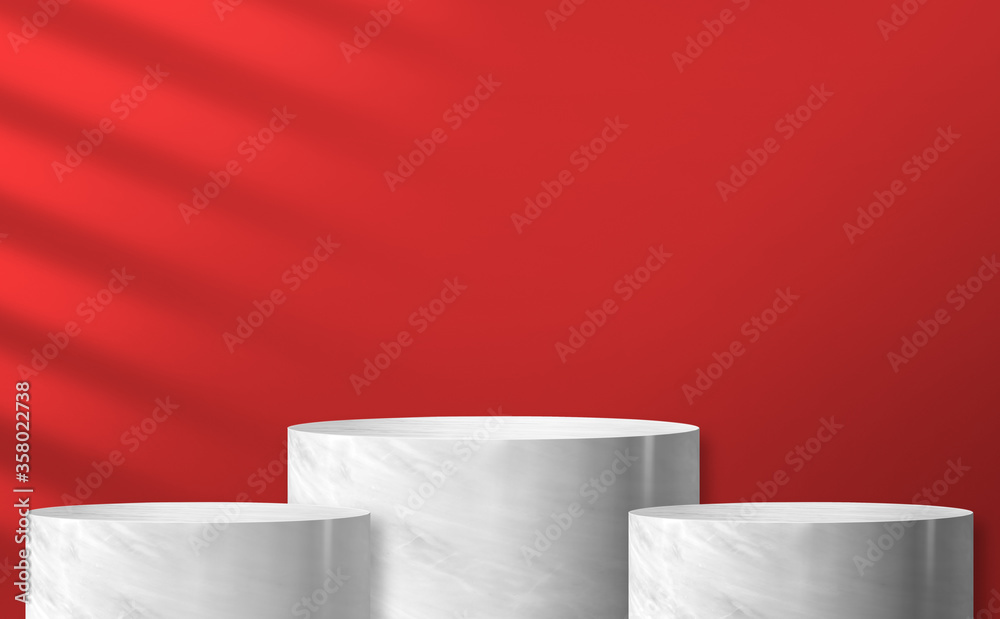 Aufkleber marble cylinder podium product display at red background and sunlight