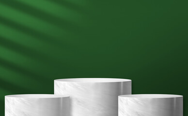marble cylinder podium product display at green background and sunlight