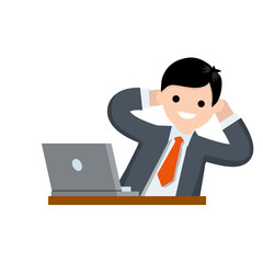Successful businessman in suit. Gesture with hand behind head. Rest at work with computer on table. Happy man in tie. Business or pleasure. Cartoon flat illustration