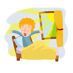 Boy woke up in bed. Child in pajamas yawns. Morning, sleep and Wake. Funny flat drawing. Blanket and pillow. Element of bedroom and children room. Sun and window.