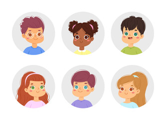 Big bundle set of different multinational children faces. Happy cute boy and girl avatars. Vector illustration of teenagers or pupil kids heads isolated on white background, pic icons for online game