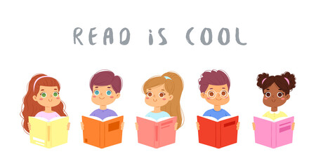 Obraz premium Cartoon set of reading children. Collection of multinational boys and girls loving to read books, enjoying literature and study. Bundle of cute little smart kids isolated on white. Vector illustration