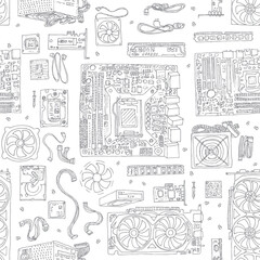 seamless pattern of Electronic component of desktop computer. Motherboard, processor, video card, memory, hdd