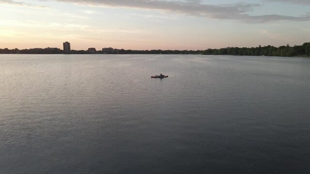 Few minutes after sunset at Lake Calhound Bde Mka Ska Minneapolis, aerial footage