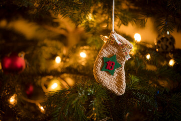 Traditional Advent Calendar Stocking with the date of the 18th of December hanging on a traditional...