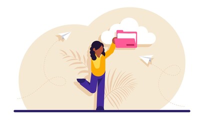 Concept of cloud service for internet storage of digital data. Files organization, organizing information in online archive. Woman holding pink folder. Modern flat illustration.