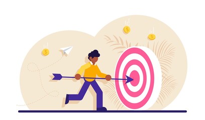 Concept of market goal achievement, financial aim. Character, office worker or clerk poking center of shooting target with arrow. Modern flat illustration.