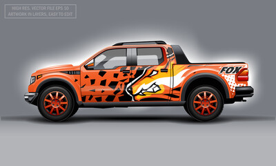 Editable template for wrap SUV with orange evil fox decal. Hi-res vector graphics.