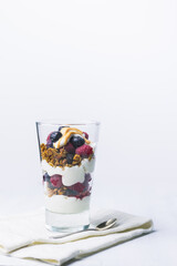 Yogurt dessert with granola, blueberry, raspberry and chocolate on the top.