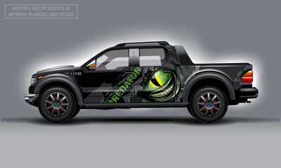 Editable template for wrap SUV with scary eye and Predator text decal. Hi-res vector graphics.