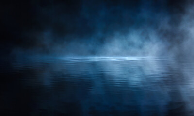 Dark empty scene, blue neon searchlight light, wet asphalt, smoke, night view, rays. Reflection on the water, night view. Liquid. 3d illustration.