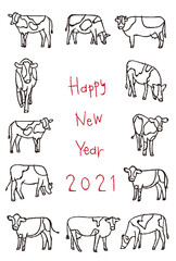 2021年　丑年の年賀状　牛たくさん　Happy New Year