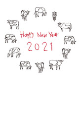 2021年　丑年の年賀状　ぐるっとたくさんの牛　Happy New Year
