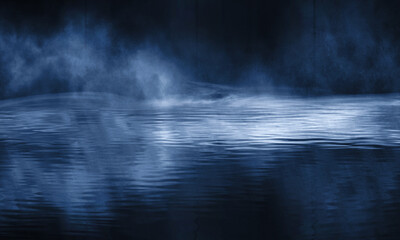 Dark empty scene, blue neon searchlight light, wet asphalt, smoke, night view, rays. Reflection on the water, night view. Liquid. 3d illustration.