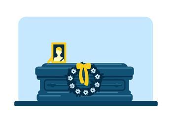 Dead man coffin and photo flat color vector illustration