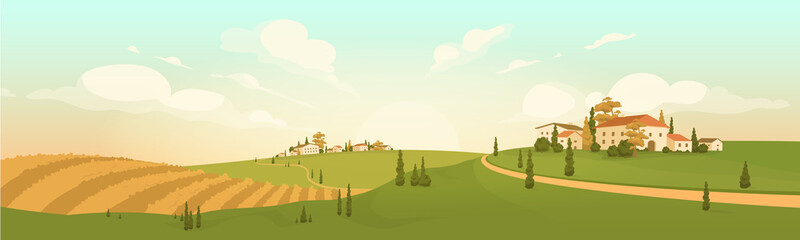 Autumn countryside view flat color vector illustration