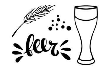 Oktoberfest set. Linear empty beer glass, beer lettering, spike, bubbles. Oktoberfest festival. Hand drawn Monochrome illustration. Black vector sketch on white. For menu, poster, party decor