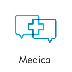 Obraz premium Concepto asistencia sanitaria. Logo Medical lineal con cruz en burbujas de habla en color azul