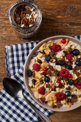 Breakfast, muesli with milk and fresh fruit.