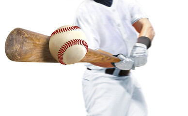 Baseball player hitting ball with bat over white background