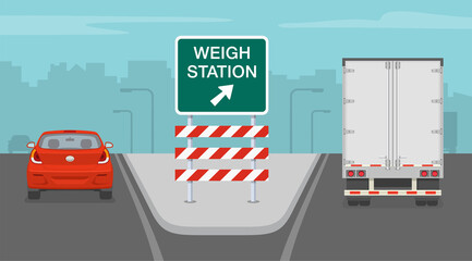 Mini car and truck on highway. Weigh station road sign. Back view. Flat vector illustration.