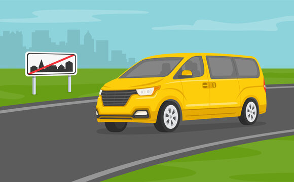New modern van is leaving city on highway. End of town sign. Flat vector illustration.