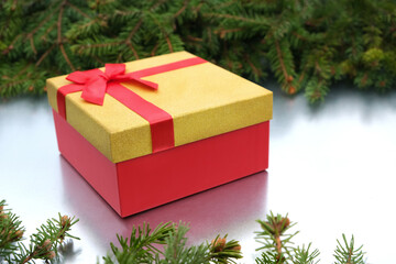 Fototapeta na wymiar Gift box with a red bow on the background of fir branches. Close-up side view. There is a place for inscription.