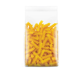Transparent package with fusilli pasta isolated on white background. Vector illustration. Can be use for template your design, promo, adv. EPS10.	