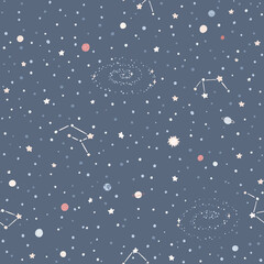 Galaxy space seamless pattern with planets, stars and constellations. A childish vector illustration of hand-drawn cartoon objects in a simple Scandinavian style. Colorful isolated on a dark