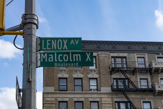 Harlem, New York, Malcom X Boulevard and Lenox Avenue street sign
