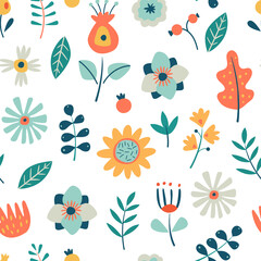Seamless colorful floral pattern with cute flowers on white background. 