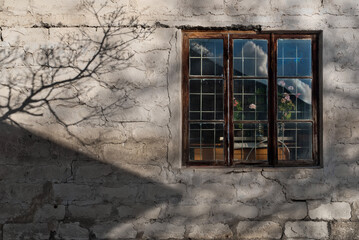 Rough cracked wall of an old building with a shadow and a window with flowers inside