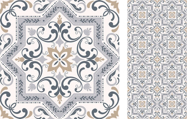 Seamless Azulejo tile. Portuguese and Spain decor. Islam, Arabic, Indian, Ottoman motif. Vector Hand drawn pattern - 358031543