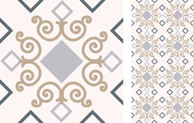 Seamless Azulejo tile. Portuguese and Spain decor. Islam, Arabic, Indian, Ottoman motif. Vector Hand drawn pattern