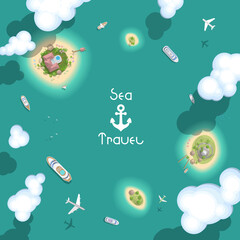 Vector illustration. Summer vacation. The islands and ships. (Top view) Time to travel - sun, sea, island, sand, yacht, airplane, palm, clouds. (View from above)