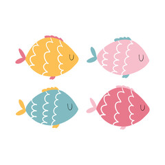 Set Funny fish. Vector hand drawn cartoon scandinavian style. Colorful isolated characters on a white background.